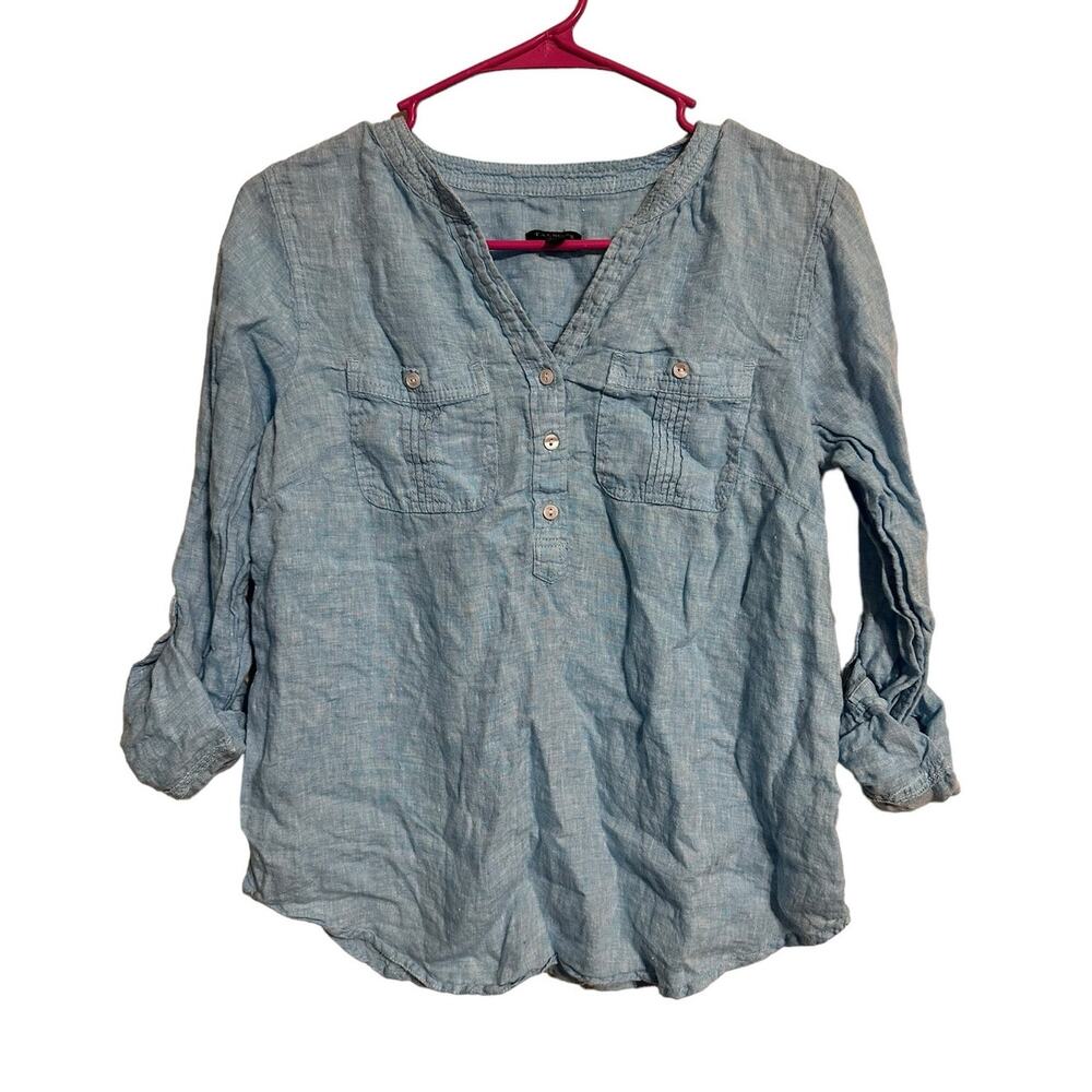Talbots 100% Linen Light Blue Roll Tab Sleeve Shirt Size XS